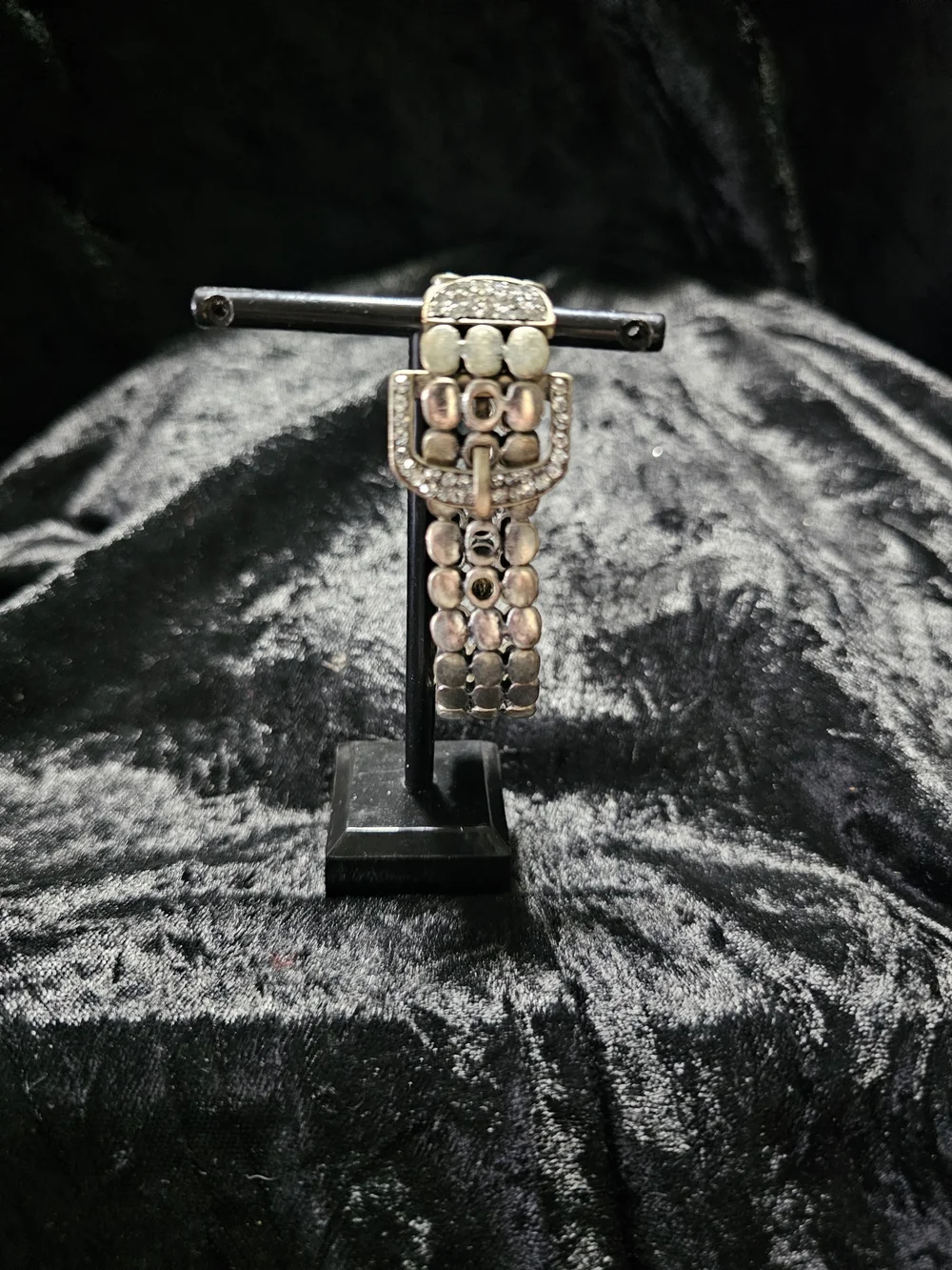 Rhinestone Buckle Link Bracelet - Two-Tone Silver with rinestones